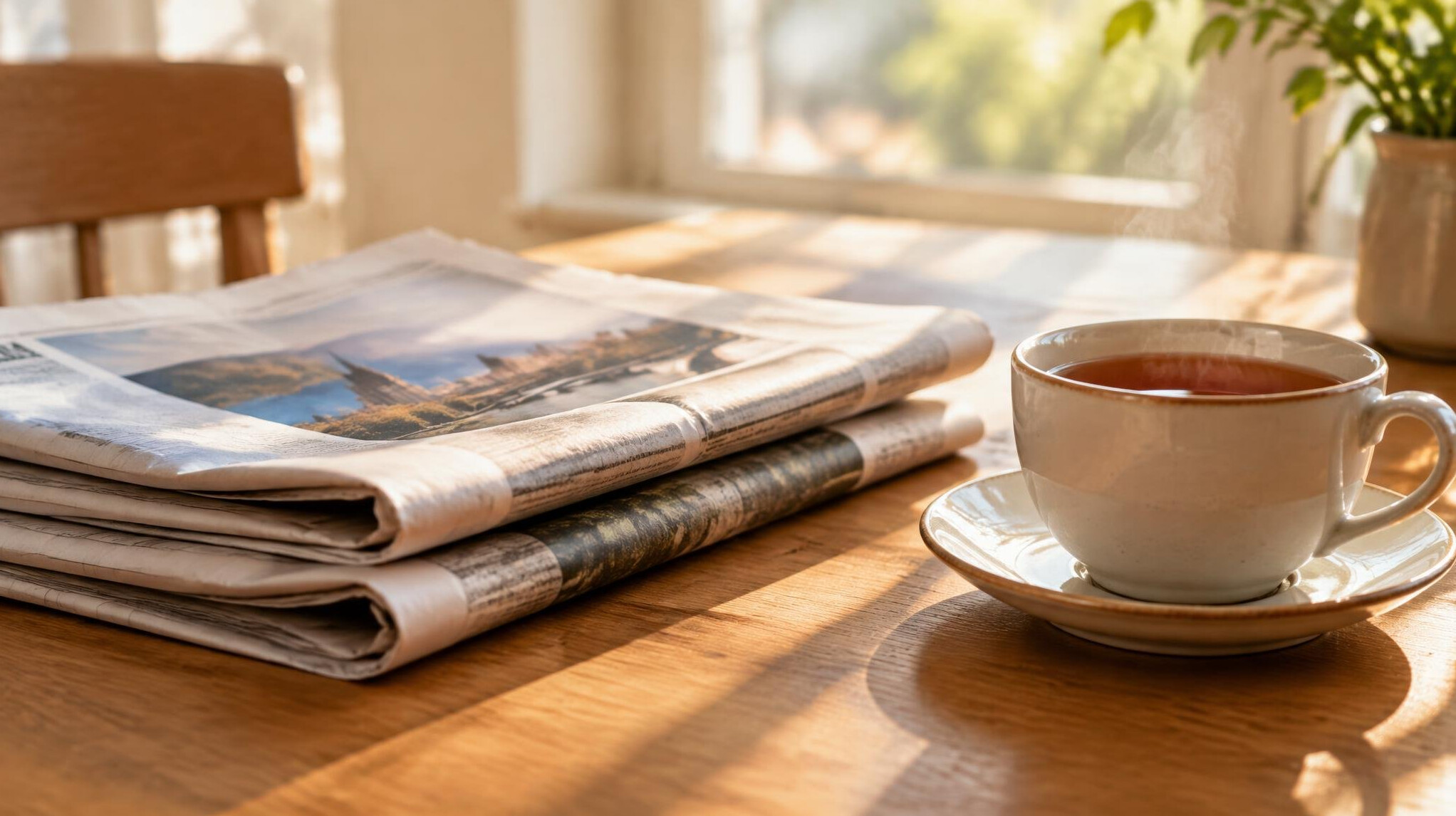 Stack of newspapers on a table with morning light