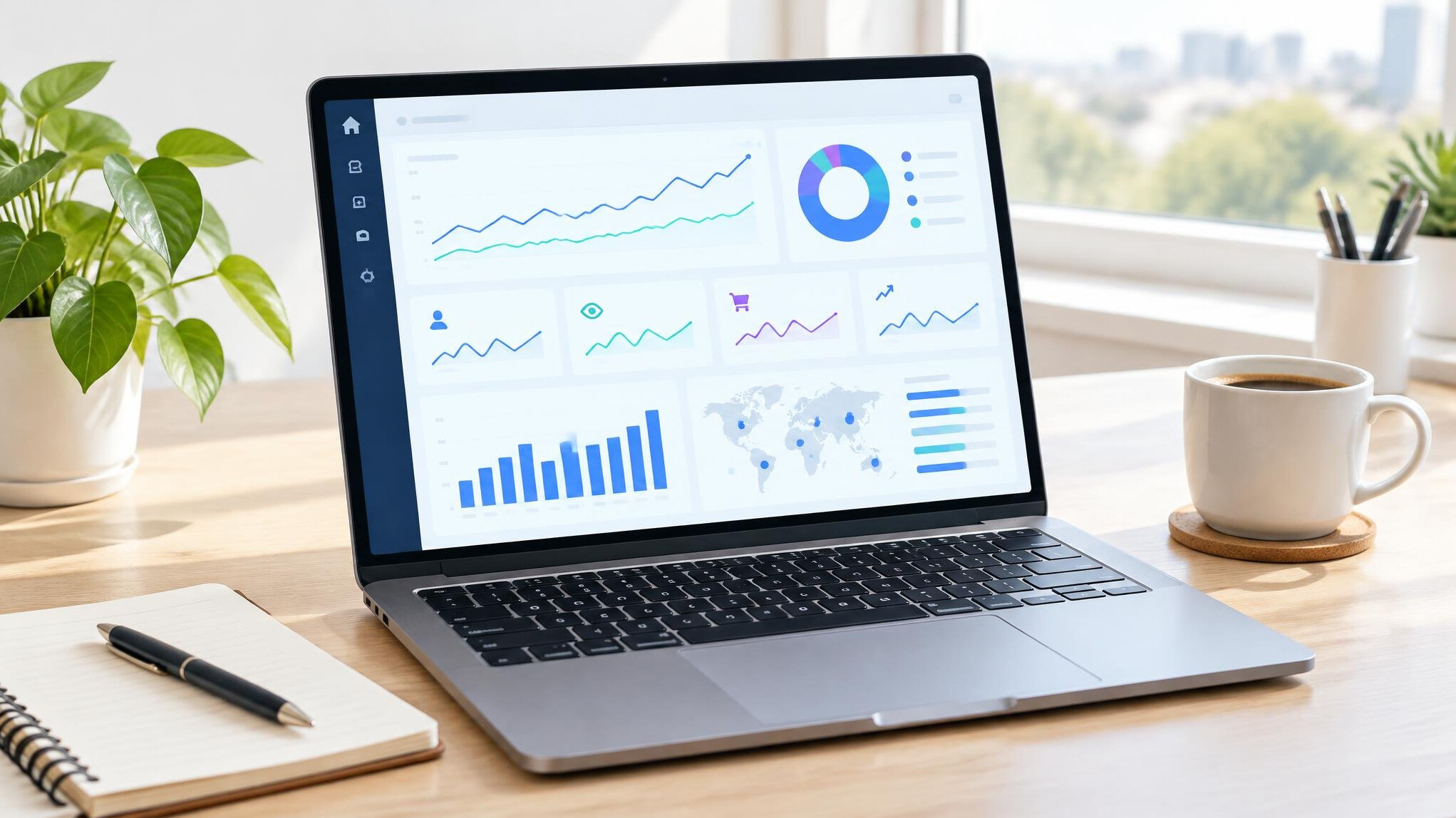 Laptop showing an analytics dashboard on a desk